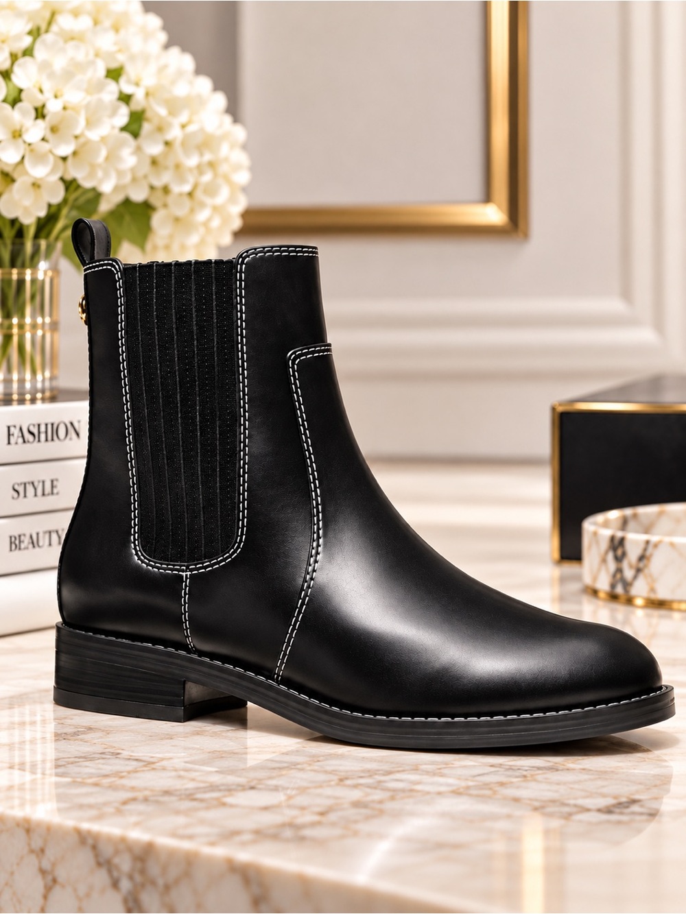 New MICHAEL KORS Ella Contrast-Stitched Chelsea Boots – Black Leather – Size 9.5
